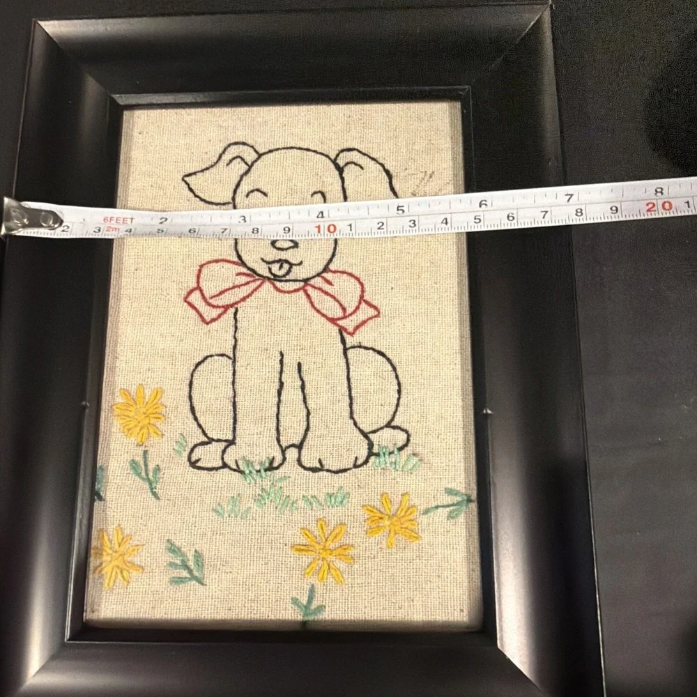 Set‎ Of 4 Vtg Framed Handmade Embroidered Animal Pics Cat Dog Nursery 9